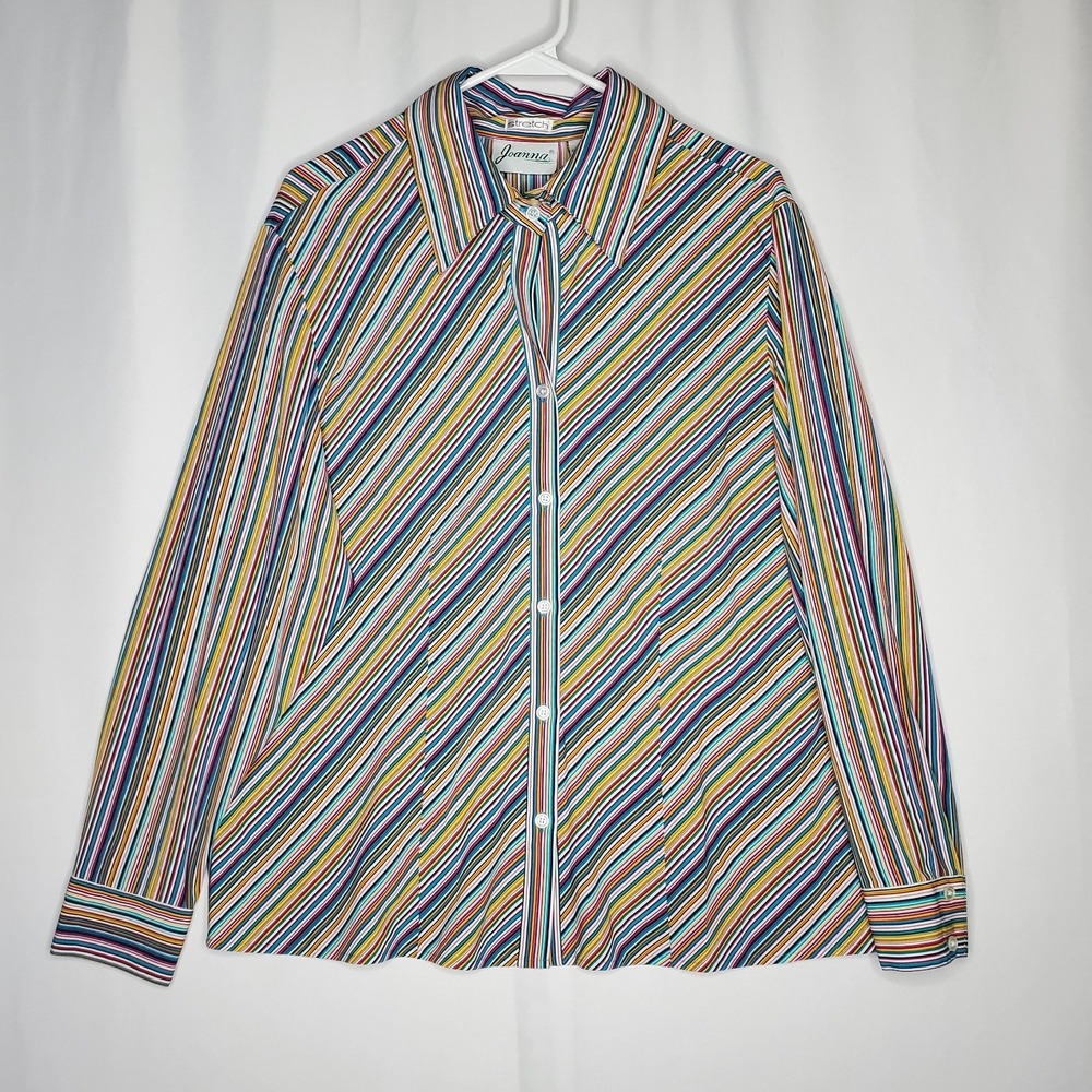 Joanna‎ 70s Button Collar Shirt Women XL Micro Stripe Multicolor Old Money